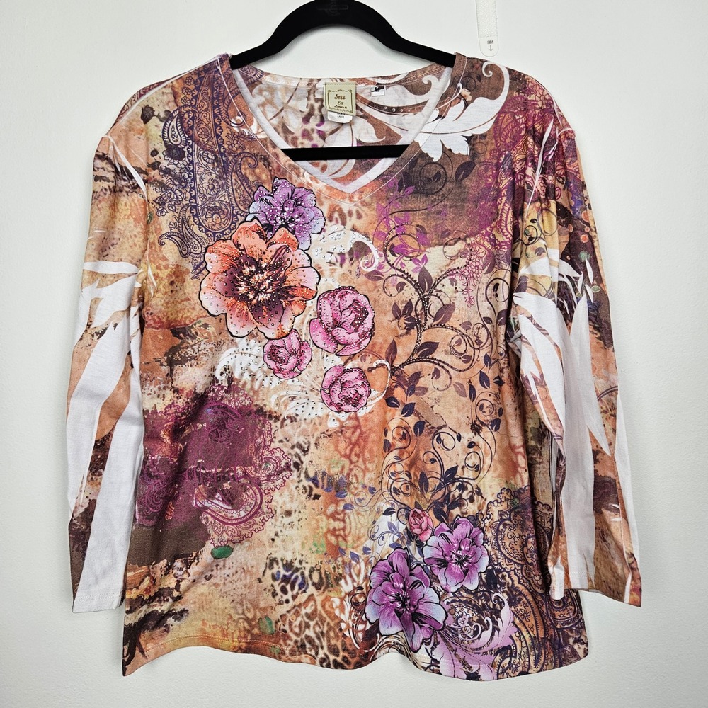 Jess & Jane Top Sz L Lucille Floral Paisley Rhinestone V-Neck USA Made 65-506